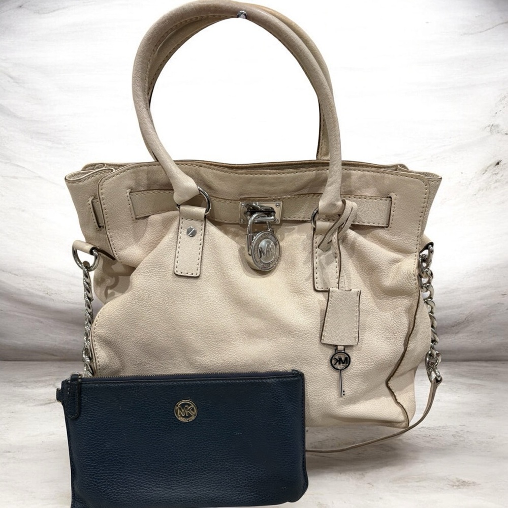 Michael Kors Beige Leather Tote with Navy Wristlet - 2fer